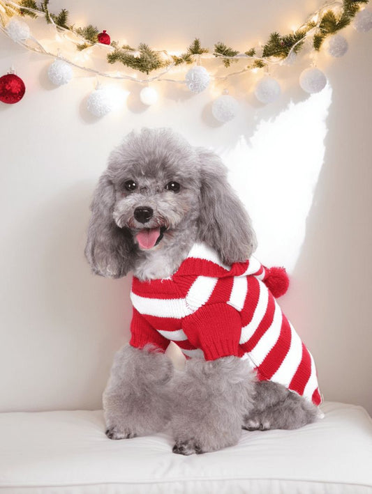 Pet's Christmas Stripes Printed Fleece Ball Hooded Sweater