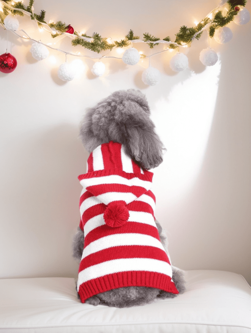 Pet's Christmas Stripes Printed Fleece Ball Hooded Sweater