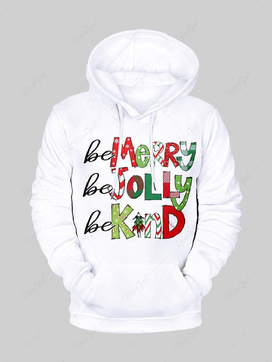 Plus Size Colorful Christmas Tree Letters Printed Pocket Drawstring Pullover Long Sleeves Hoodie