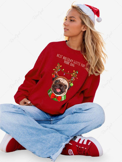 Plus Size Christmas Light Elk Dog Bowknot Printed Cerw Neck Sweatshirt