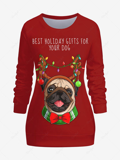 Plus Size Christmas Light Elk Dog Bowknot Printed Cerw Neck Sweatshirt