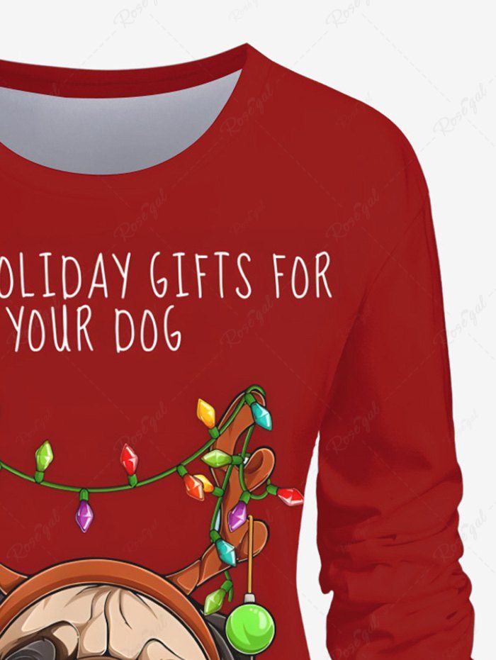 Plus Size Christmas Light Elk Dog Bowknot Printed Cerw Neck Sweatshirt