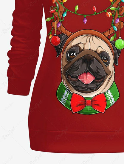 Plus Size Christmas Light Elk Dog Bowknot Printed Cerw Neck Sweatshirt