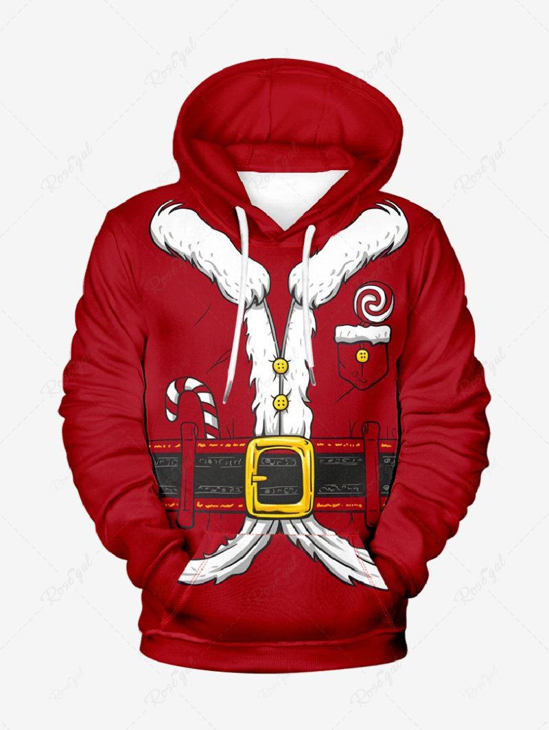 Plus Size 3D Christmas Beard Candy Pocket Belt Printed Pocket Drawstring Pullover Long Sleeves Hoodie