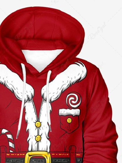 Plus Size 3D Christmas Beard Candy Pocket Belt Printed Pocket Drawstring Pullover Long Sleeves Hoodie