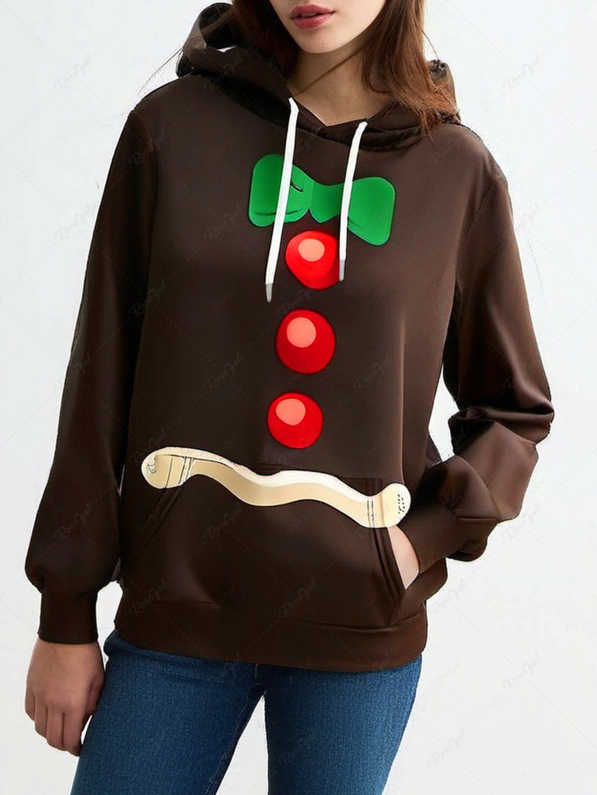 Plus Size Christmas Bowknot Snowman Button Printed Pocket Drawstring Pullover Long Sleeves Hoodie