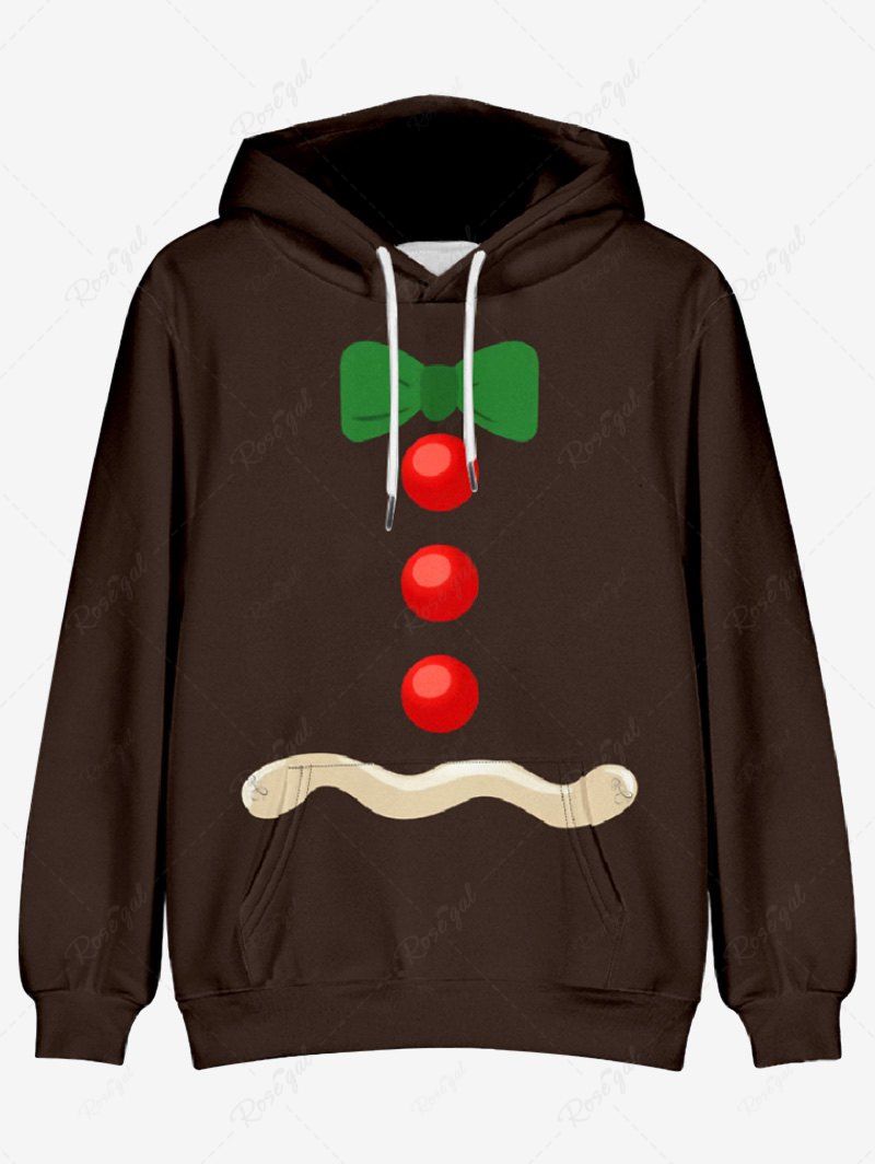 Plus Size Christmas Bowknot Snowman Button Printed Pocket Drawstring Pullover Long Sleeves Hoodie