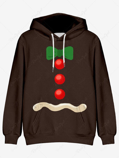 Plus Size Christmas Bowknot Snowman Button Printed Pocket Drawstring Pullover Long Sleeves Hoodie