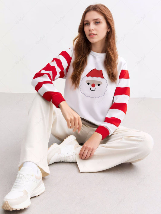 Plus Size Christmas Santa Claus Stripes Printed Crew Neck Sweatshirt