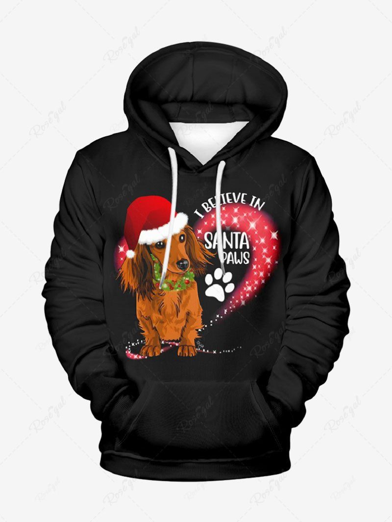 Plus Size Christmas Hat Dog Paws Glitter Stars Letters Printed Pocket Drawstring Pullover Long Sleeves Hoodie