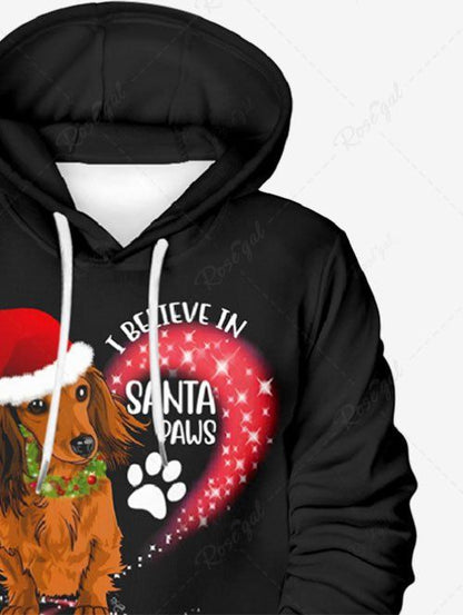 Plus Size Christmas Hat Dog Paws Glitter Stars Letters Printed Pocket Drawstring Pullover Long Sleeves Hoodie