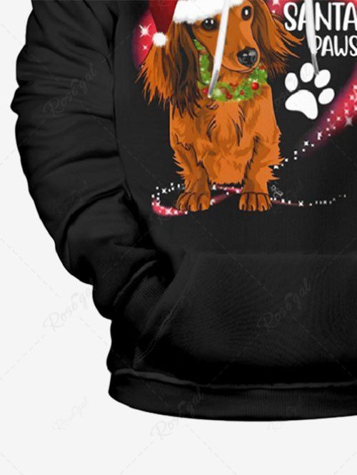 Plus Size Christmas Hat Dog Paws Glitter Stars Letters Printed Pocket Drawstring Pullover Long Sleeves Hoodie