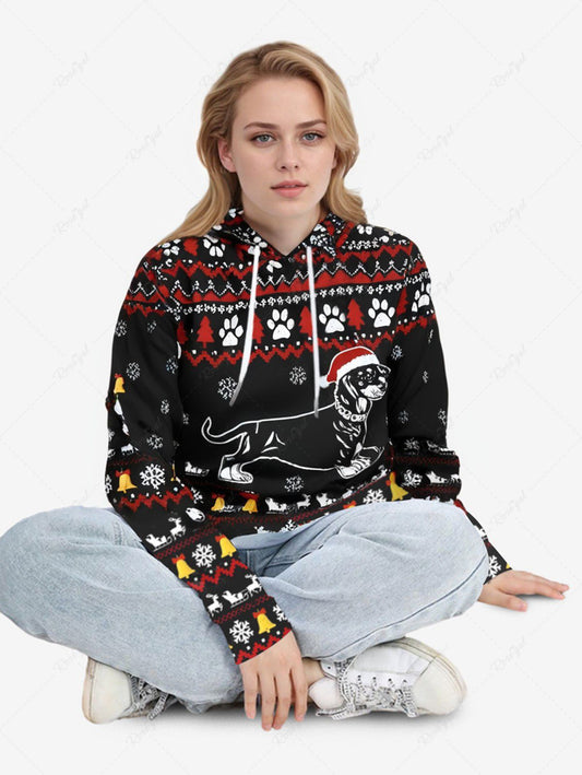 Plus Size Christmas Hat Dog Snowflake Elk Bell Paw Tree Striped Printed Pullover Long Sleeves Hoodie