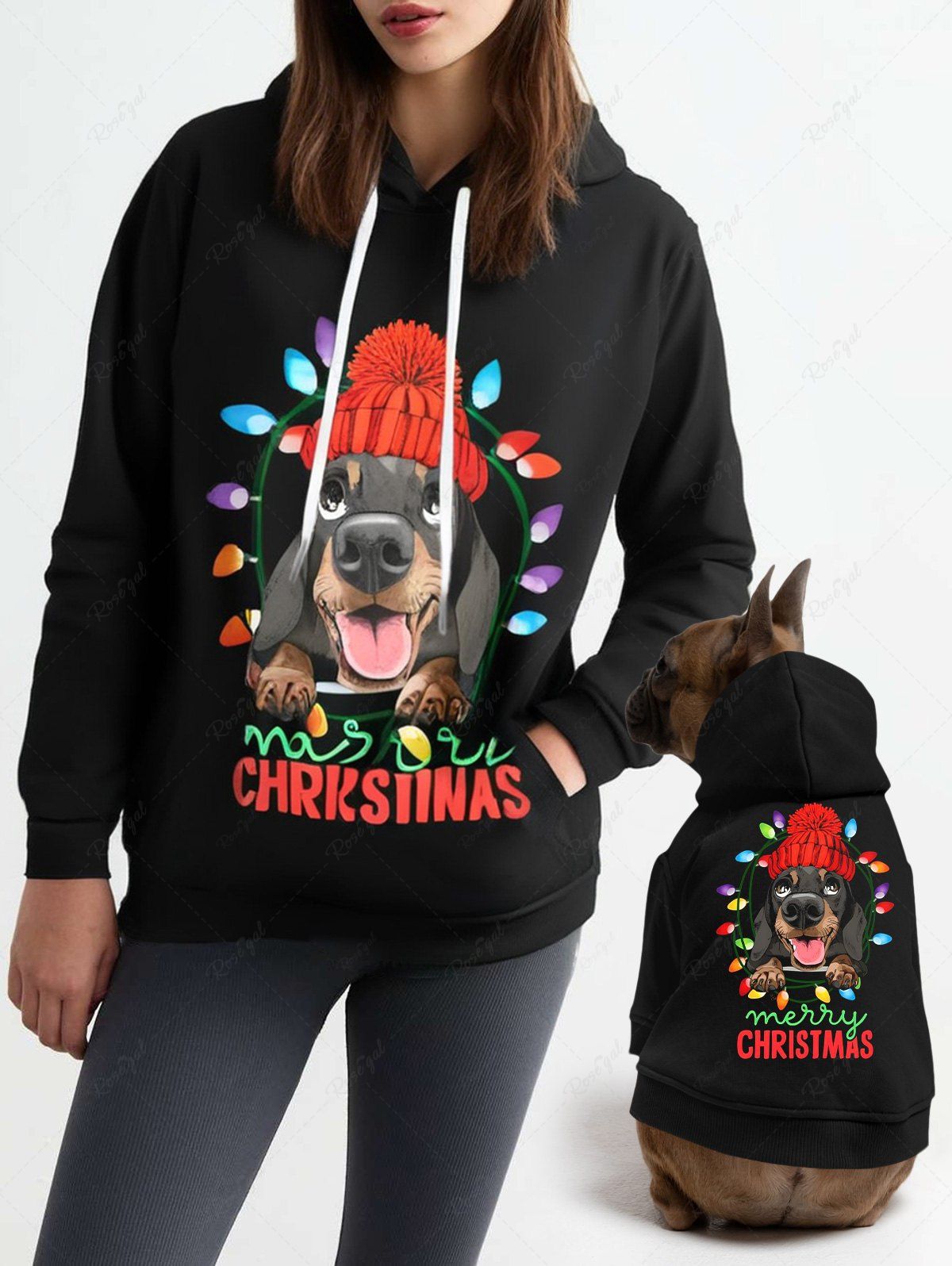 Christmas Light Hat Dog Letter Print Hoodie Dog And Owner Matching Outfits