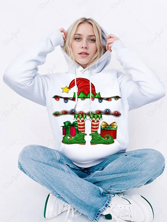 Plus Size Christmas Hat Light Stocking Shoes Gift Printed Pocket Drawstring Pullover Long Sleeves Hoodie