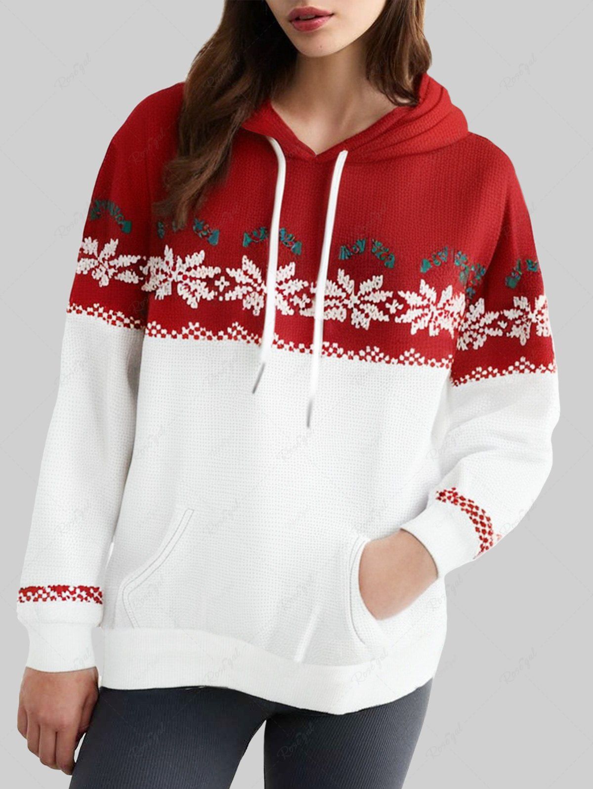 Plus Size Christmas 3D Knit Snowflake Printed Pocket Drawstring Pullover Long Sleeves Hoodie