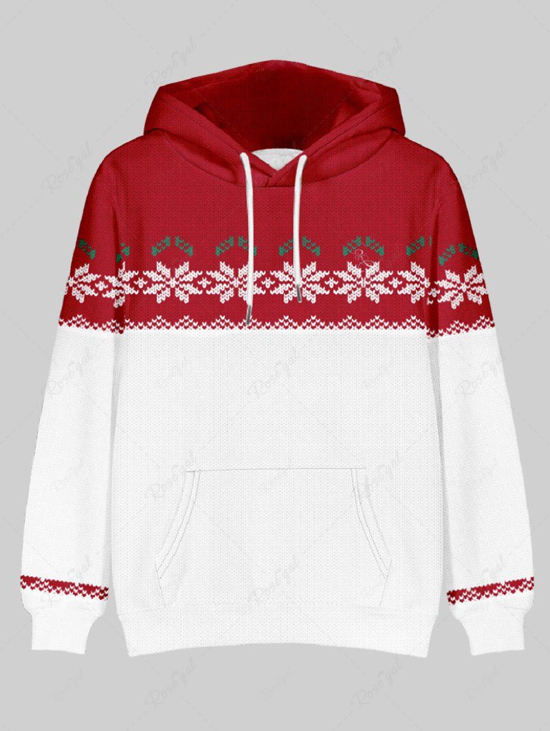 Plus Size Christmas 3D Knit Snowflake Printed Pocket Drawstring Pullover Long Sleeves Hoodie