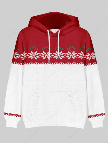 Plus Size Christmas 3D Knit Snowflake Printed Pocket Drawstring Pullover Long Sleeves Hoodie