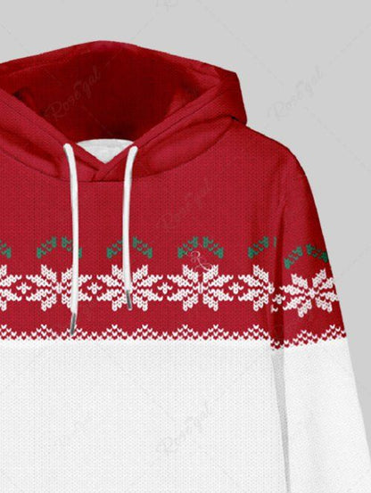 Plus Size Christmas 3D Knit Snowflake Printed Pocket Drawstring Pullover Long Sleeves Hoodie