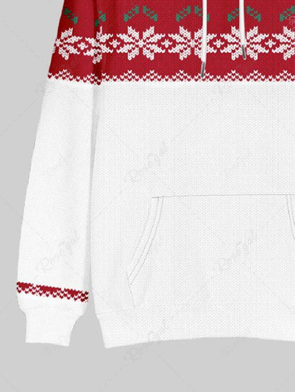 Plus Size Christmas 3D Knit Snowflake Printed Pocket Drawstring Pullover Long Sleeves Hoodie