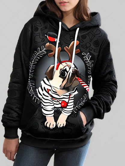 Plus Size Striped Dog Christmas Elk Ball Bird Printed Pocket Drawstring Pullover Long Sleeves Hoodie