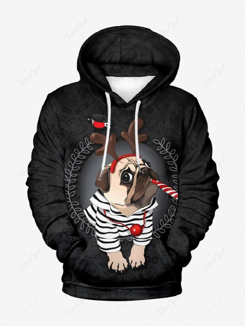 Plus Size Striped Dog Christmas Elk Ball Bird Printed Pocket Drawstring Pullover Long Sleeves Hoodie