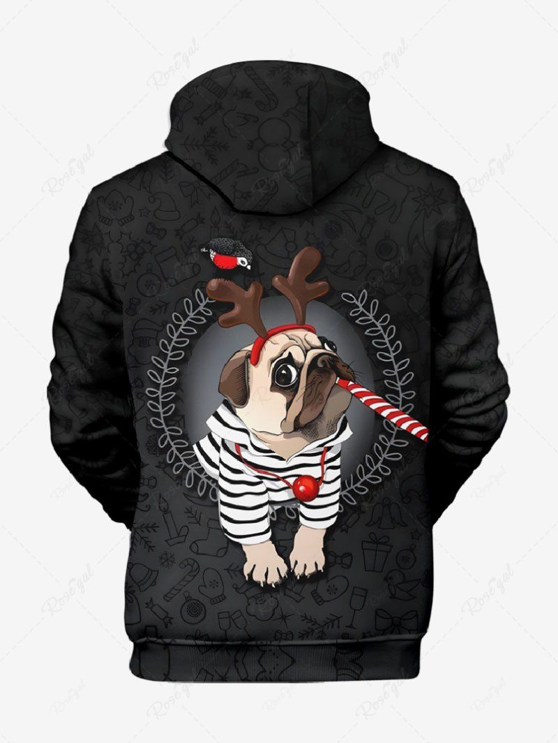 Plus Size Striped Dog Christmas Elk Ball Bird Printed Pocket Drawstring Pullover Long Sleeves Hoodie