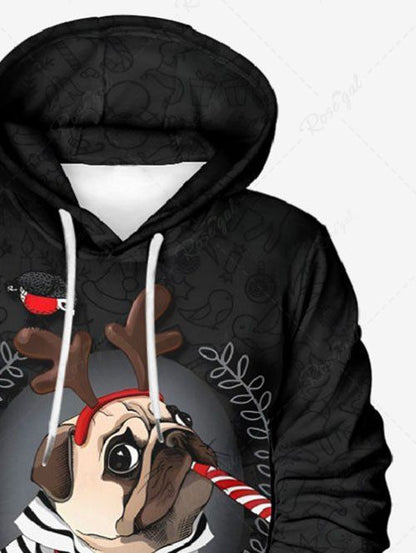 Plus Size Striped Dog Christmas Elk Ball Bird Printed Pocket Drawstring Pullover Long Sleeves Hoodie