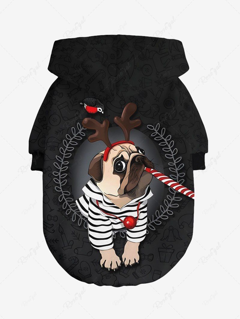 Pet's Striped Dog Christmas Elk Ball Bird Printed Button Hoodie