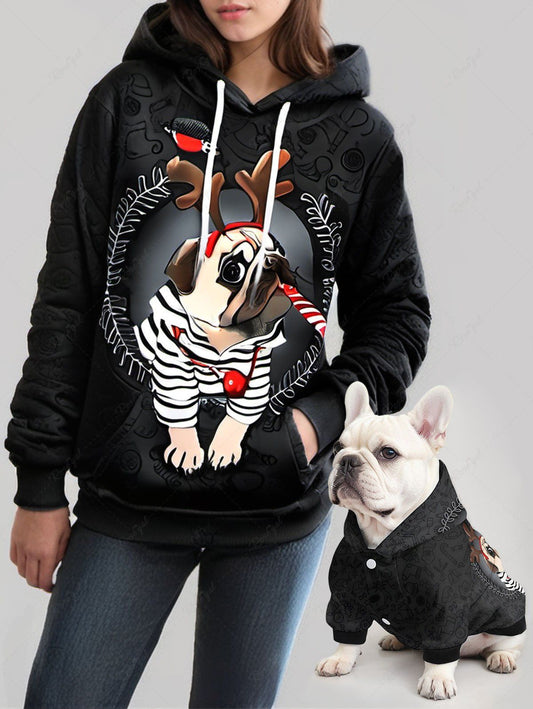 Striped Christmas Elk Ball Bird Print Hoodie Dog And Owner Matching Outfits