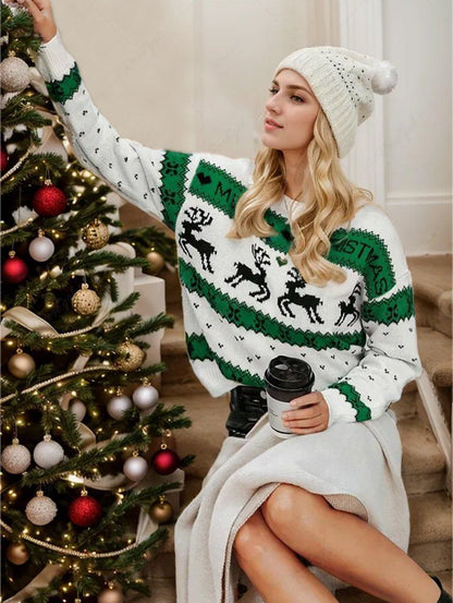 Plus Size Christmas Elk Snowflake Colorblock Printed Crew Neck Sweater