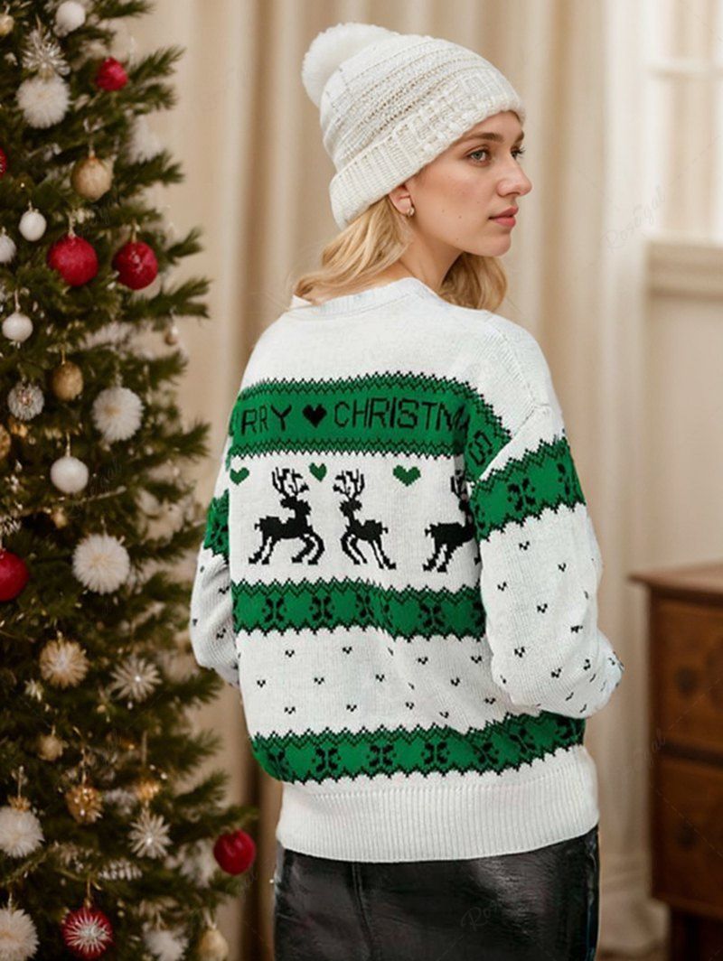 Plus Size Christmas Elk Snowflake Colorblock Printed Crew Neck Sweater