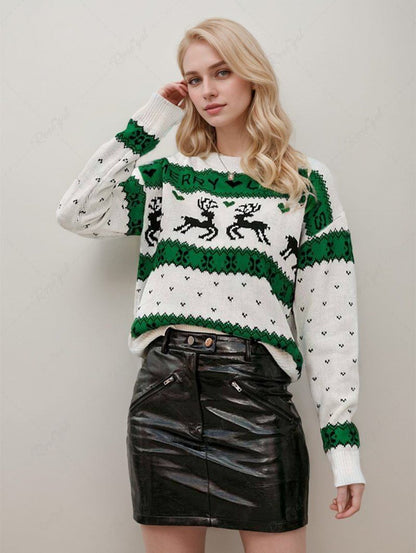 Plus Size Christmas Elk Snowflake Colorblock Printed Crew Neck Sweater