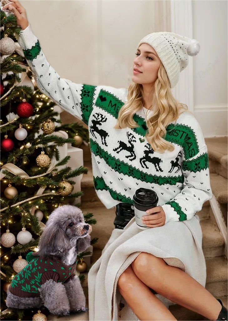 Plus Size Christmas Elk Snowflake Colorblock Printed Crew Neck Sweater