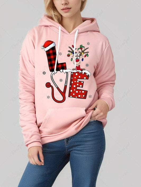 Plus Size Christmas Hat Plaid Elk Snowflake Letters Printed Pocket Drawstring Pullover Long Sleeves Hoodie