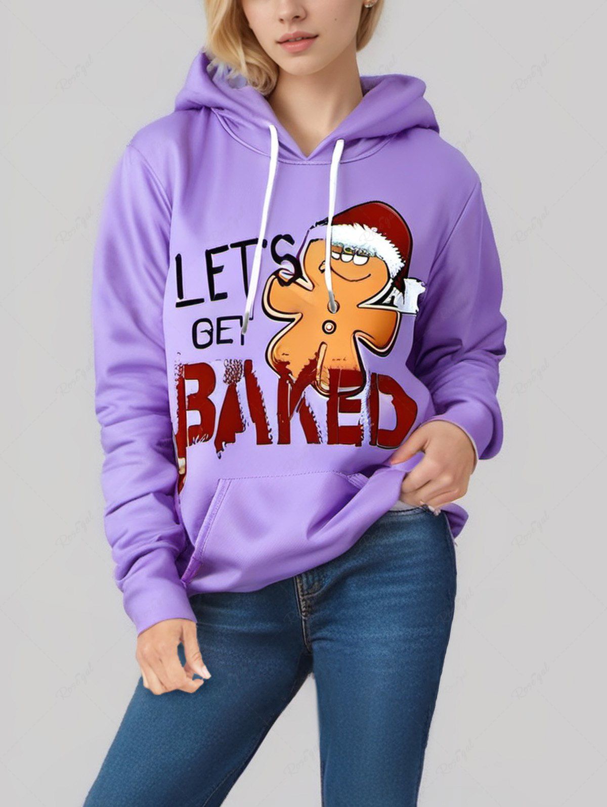 Plus Size Christmas Hat Gingerbread Letters Printed Pocket Drawstring Pullover Long Sleeves Hoodie