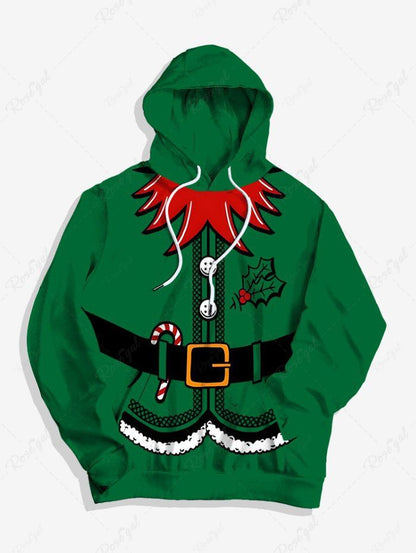 Plus Size Christmas Santa Claus Belt Candy Holy Fruit Printed Pocket Drawstring Hoodie