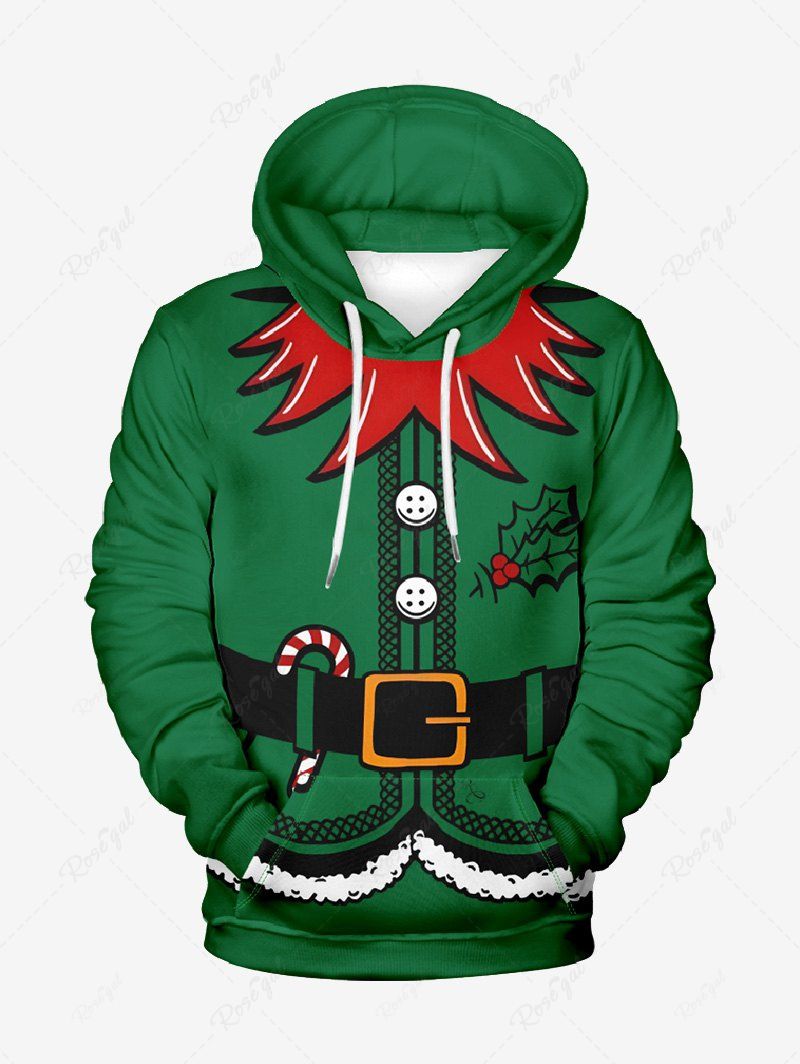 Plus Size Christmas Santa Claus Belt Candy Holy Fruit Printed Pocket Drawstring Hoodie