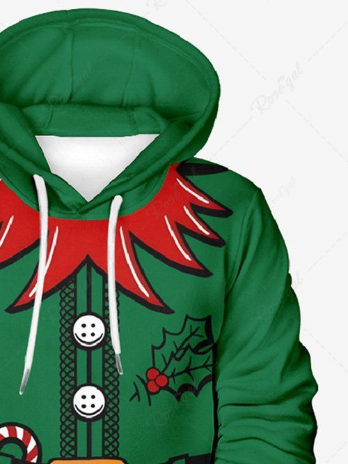 Plus Size Christmas Santa Claus Belt Candy Holy Fruit Printed Pocket Drawstring Hoodie