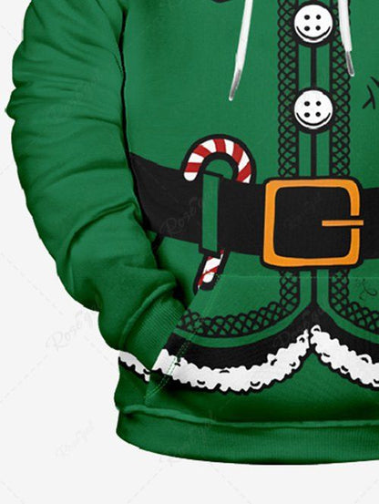 Plus Size Christmas Santa Claus Belt Candy Holy Fruit Printed Pocket Drawstring Hoodie