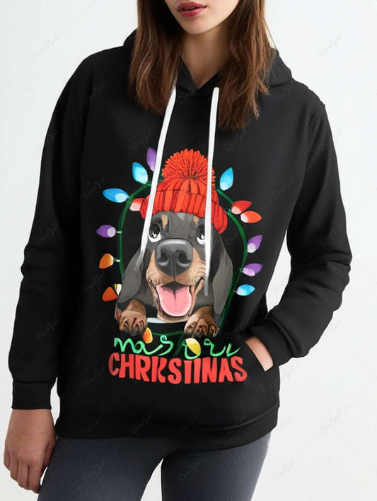 Plus Size Christmas Light Hat Dog Letter Printed Pocket Drawstring Pullover Long Sleeves Hoodie