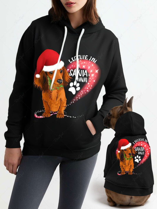 Christmas Hat Dog Paws Glitter Stars Letters Printed Hoodie Dog and Owner Matching Outfits