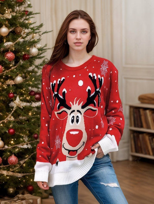 Christmas Snowflake Elk Colorblock Printed Sweater