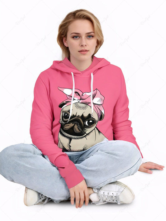 Plus Size Dog Bowknot Printed Drawstring Pocket Hoodie