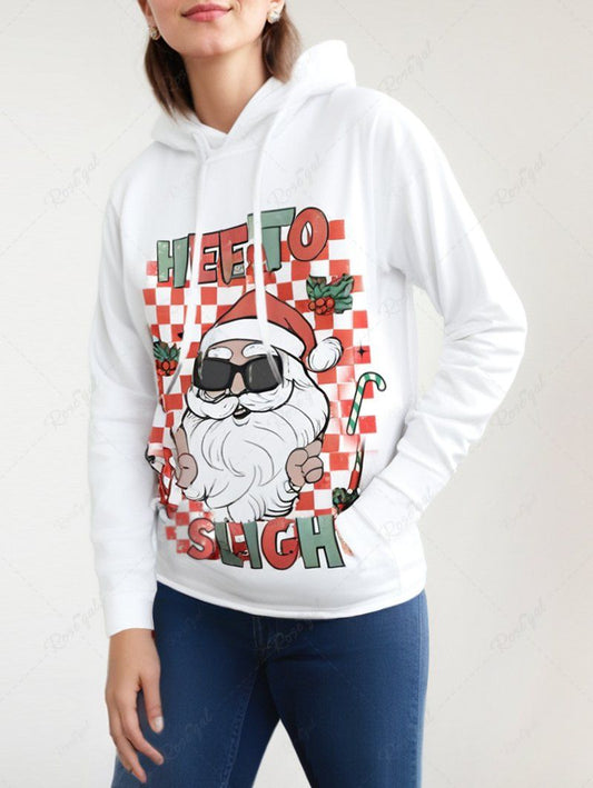 Plus Size Christmas Plaid Letters Santa Claus Printed Pocket Drawstring Pullover Long Sleeves Hoodie