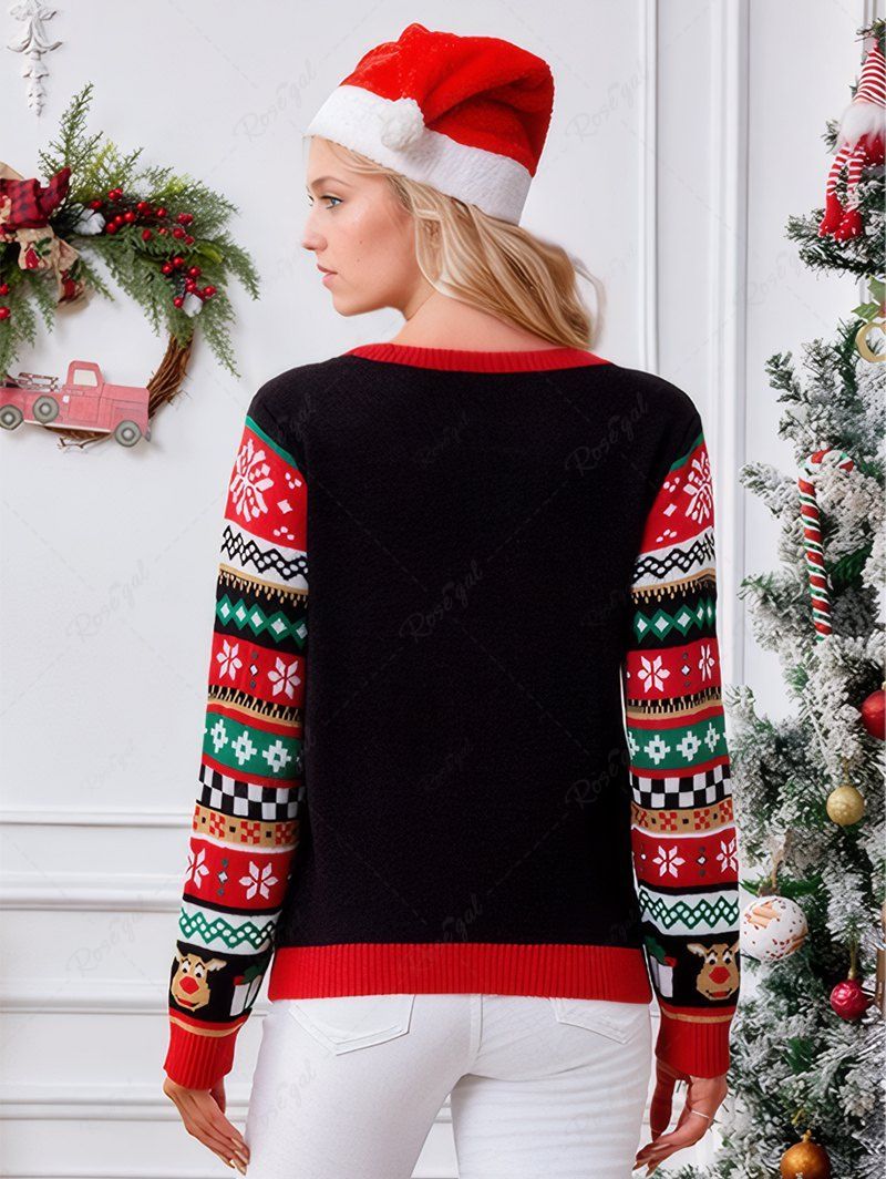 Christmas Hat Elk Snowflake Zig Zag Fair Isle Printed Sparkling Sequin Sweater