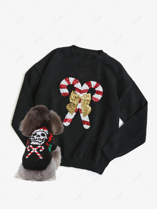 Christmas Skull Santa Claus Candy Bowknot Print Sweater Dog and Owner Matching Outfits