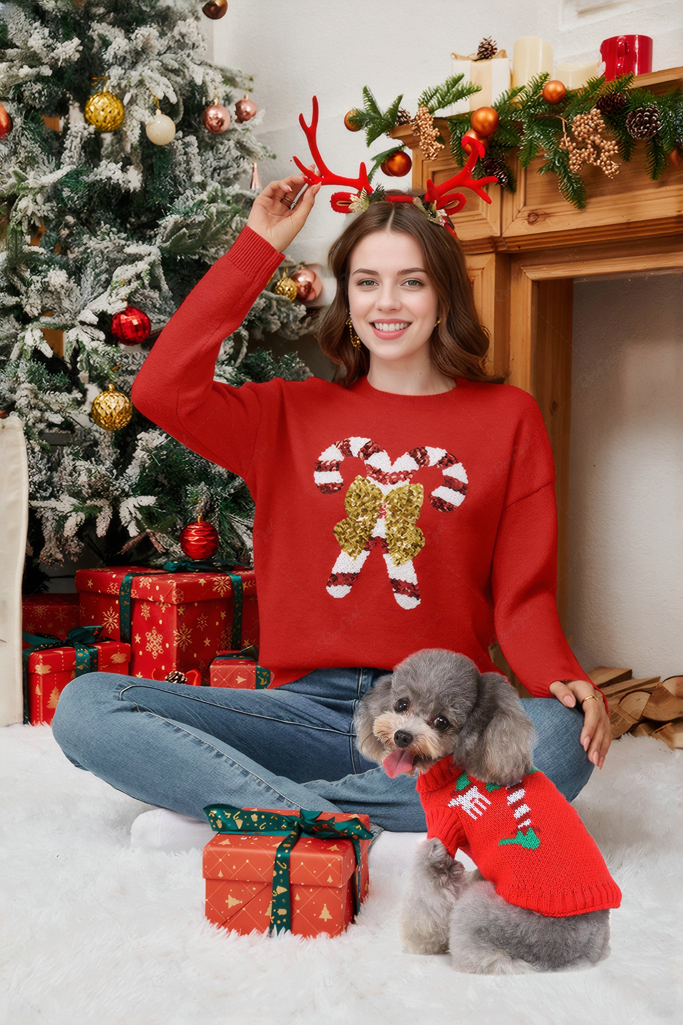 Christmas Clown Print and Candy Bowknot Sparkling Sequin Sweater Dog and Owner Matching Outfits