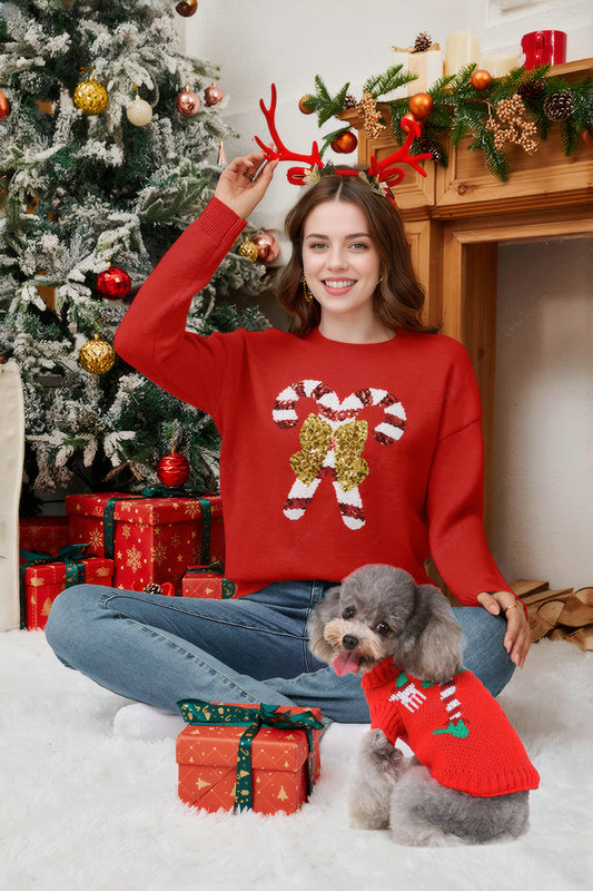 Christmas Clown Print and Candy Bowknot Sparkling Sequin Sweater Dog and Owner Matching Outfits