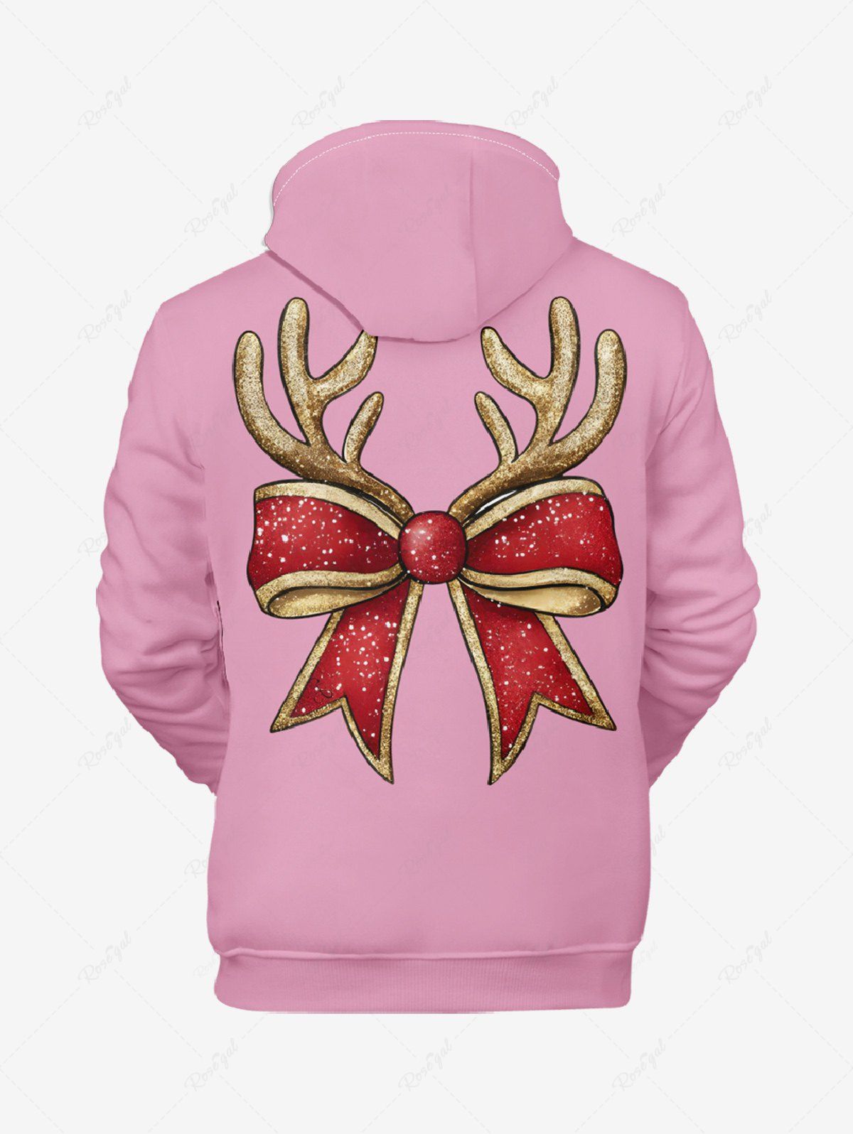 Plus Size Christmas Elk Bowknot Light Letters Printed Pocket Drawstring Pullover Long Sleeves Hoodie